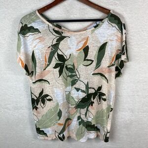 Women's Nicole Miller Floral 100% Linen Pullover Button Detail Cap Sleeve Top Sm